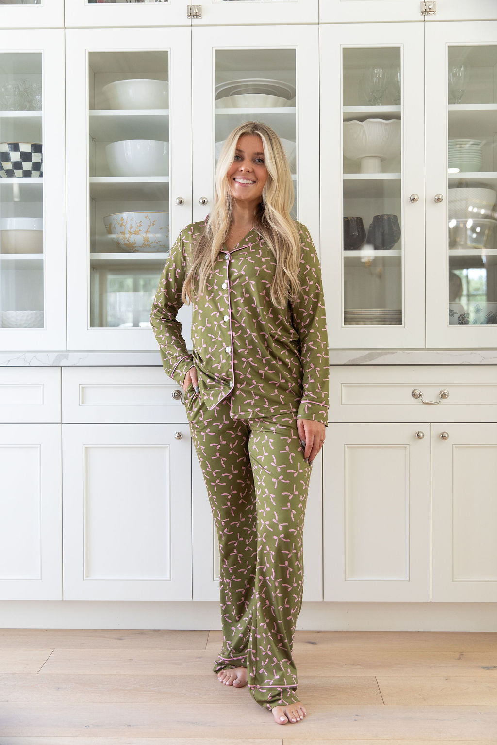 OLIVE + PINK BOWS | WOMEN'S BUTTON UP LONG SLEEVE SET