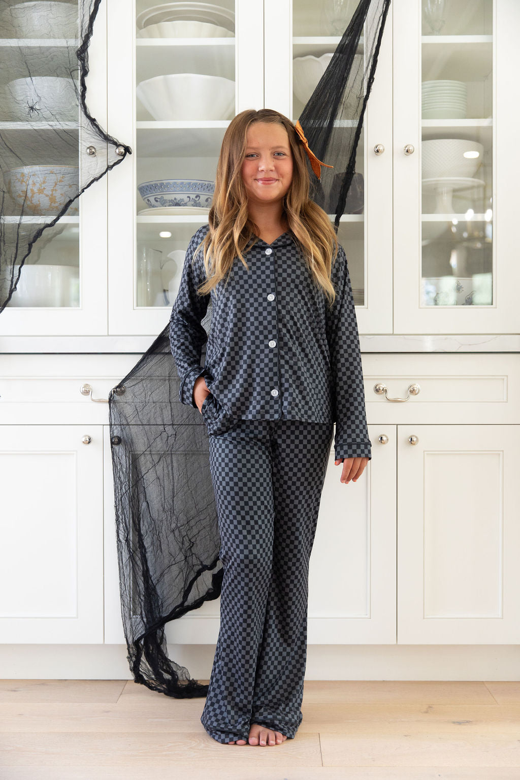 GREY + BLACK MINI CHECKER | GIRLS' BUTTON UP LONG SLEEVE SET
