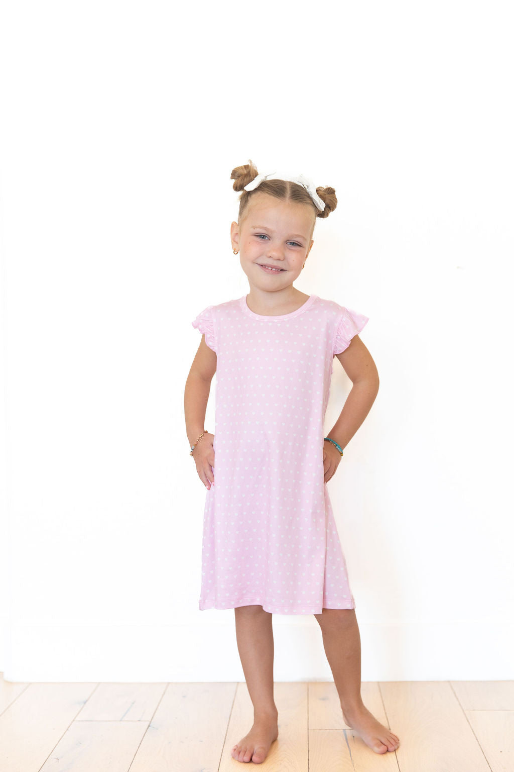 PINK + WHITE MINI HEARTS | RUFFLE SLEEVE DRESS