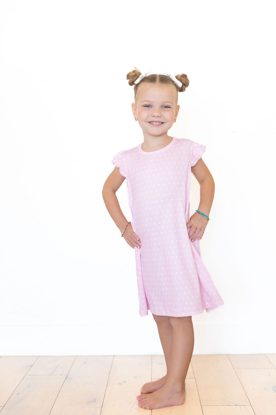 PINK + WHITE MINI HEARTS | RUFFLE SLEEVE DRESS