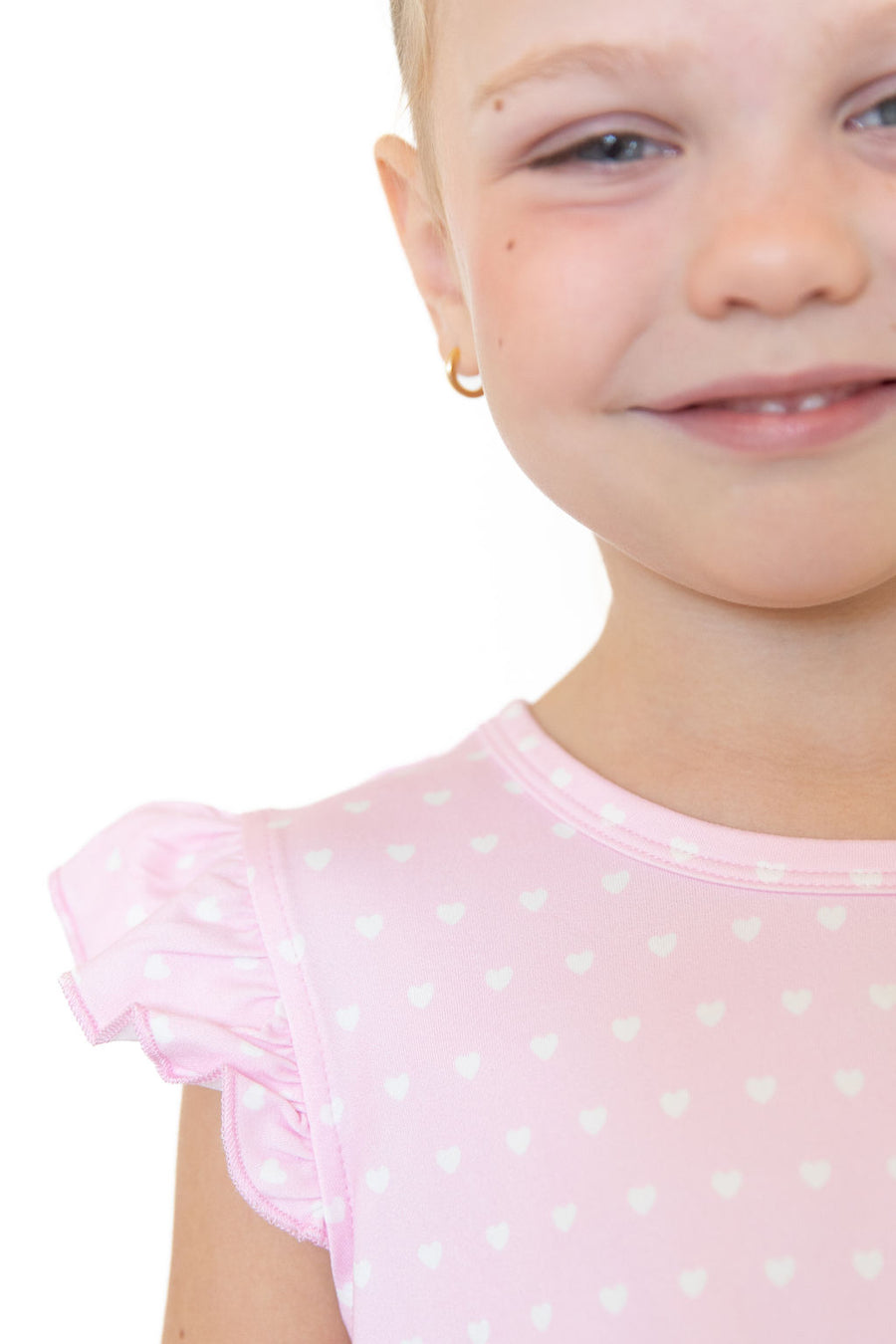 PINK + WHITE MINI HEARTS | RUFFLE SLEEVE DRESS