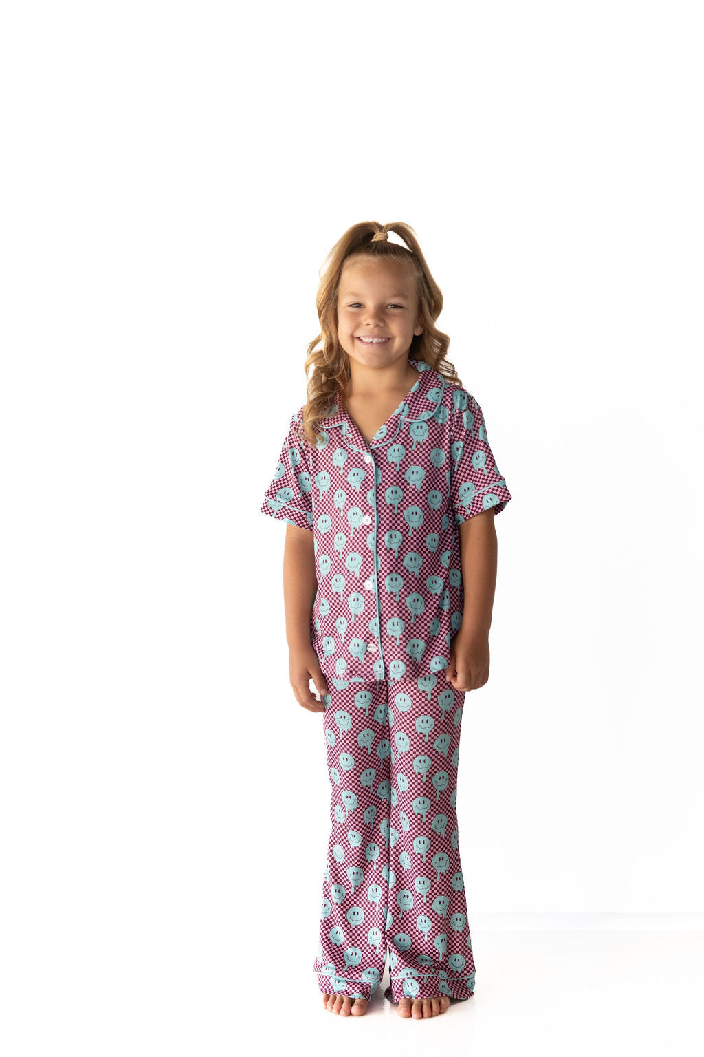 TEAL TRIPPY CHECKER | GIRLS' BUTTON UP SHORT SLEEVE SET