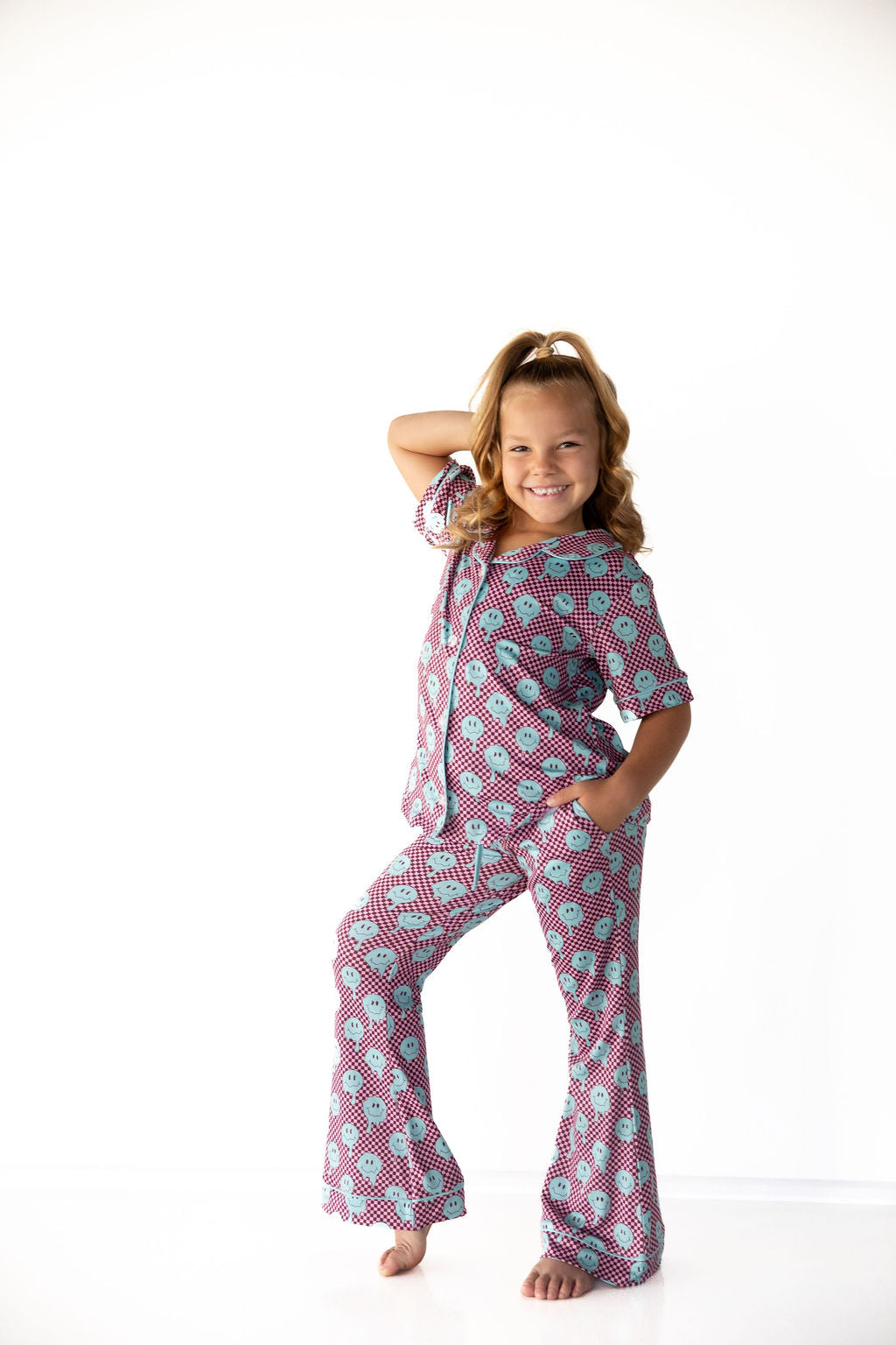 TEAL TRIPPY CHECKER | GIRLS' BUTTON UP SHORT SLEEVE SET