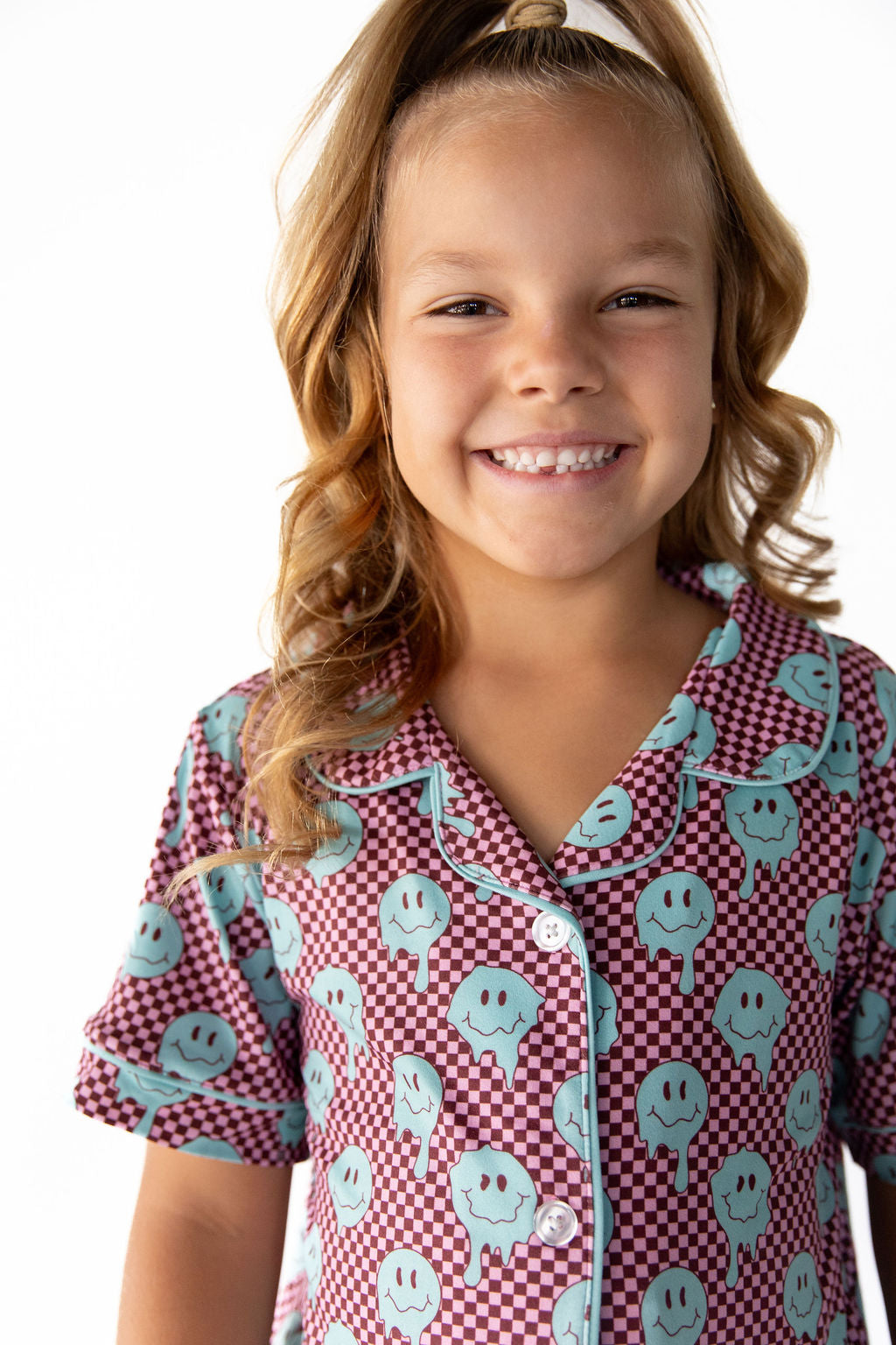 TEAL TRIPPY CHECKER | GIRLS' BUTTON UP SHORT SLEEVE SET