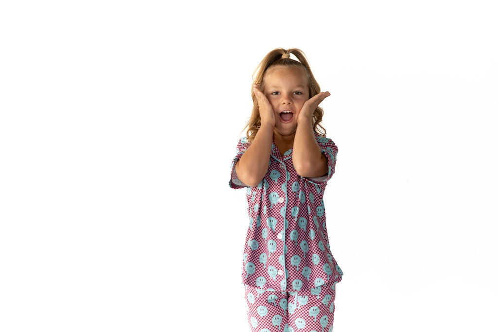 TEAL TRIPPY CHECKER | GIRLS' BUTTON UP SHORT SLEEVE SET