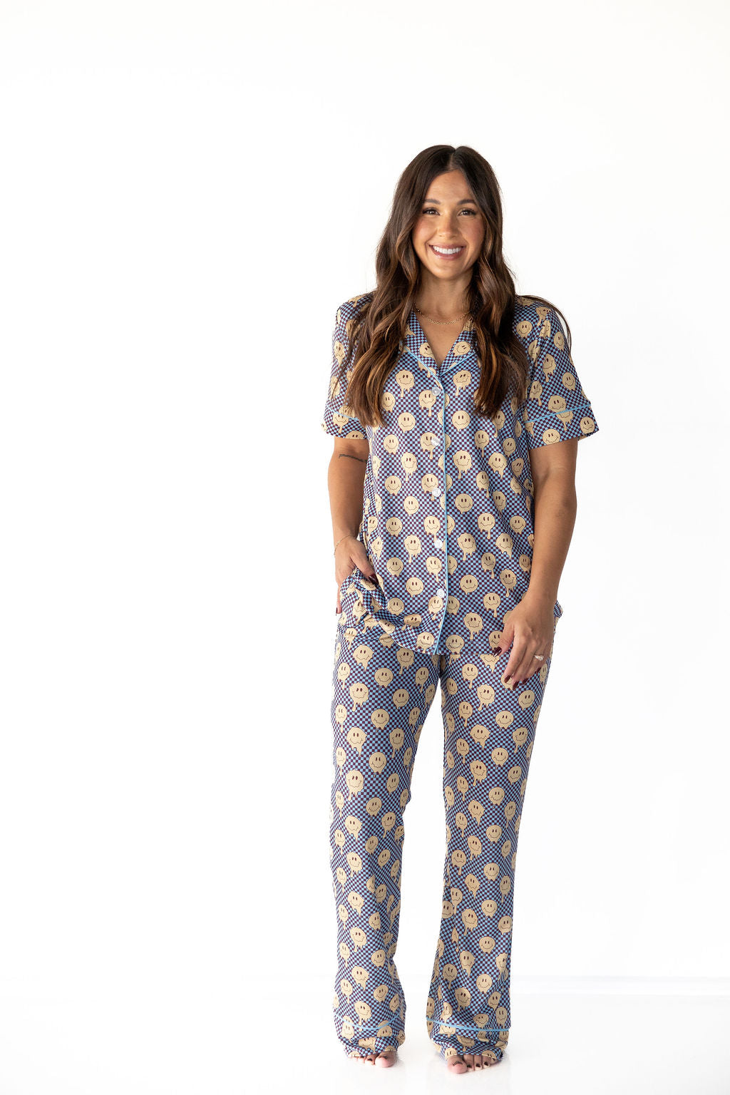 YELLOW TRIPPY CHECKER | WOMEN'S BUTTON UP SHORT SLEEVE SET