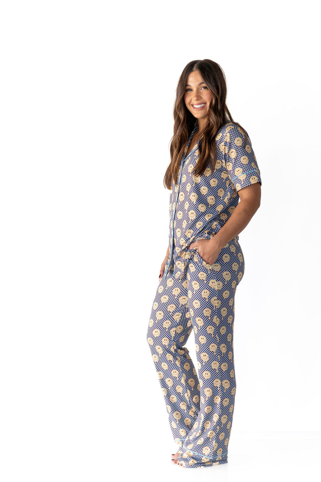 YELLOW TRIPPY CHECKER | WOMEN'S BUTTON UP SHORT SLEEVE SET