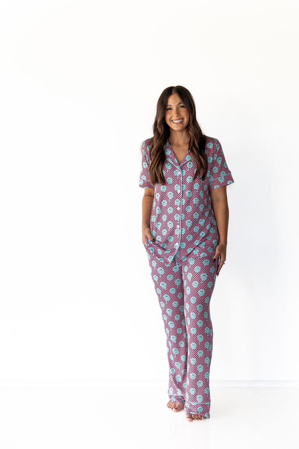 TEAL TRIPPY CHECKER | WOMEN'S BUTTON UP SHORT SLEEVE SET