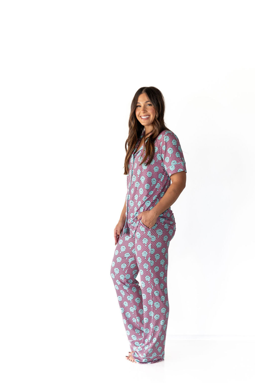 TEAL TRIPPY CHECKER | WOMEN'S BUTTON UP SHORT SLEEVE SET