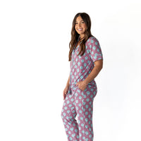 TEAL TRIPPY CHECKER | WOMEN'S BUTTON UP SHORT SLEEVE SET