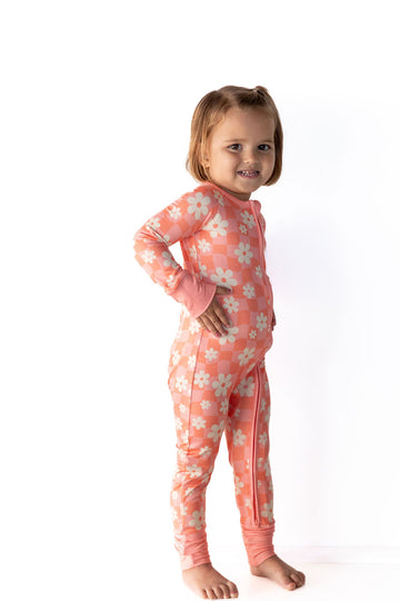 BRIGHT CORAL + PINK DAISY CHECKER | ZIPPER ONE PIECE