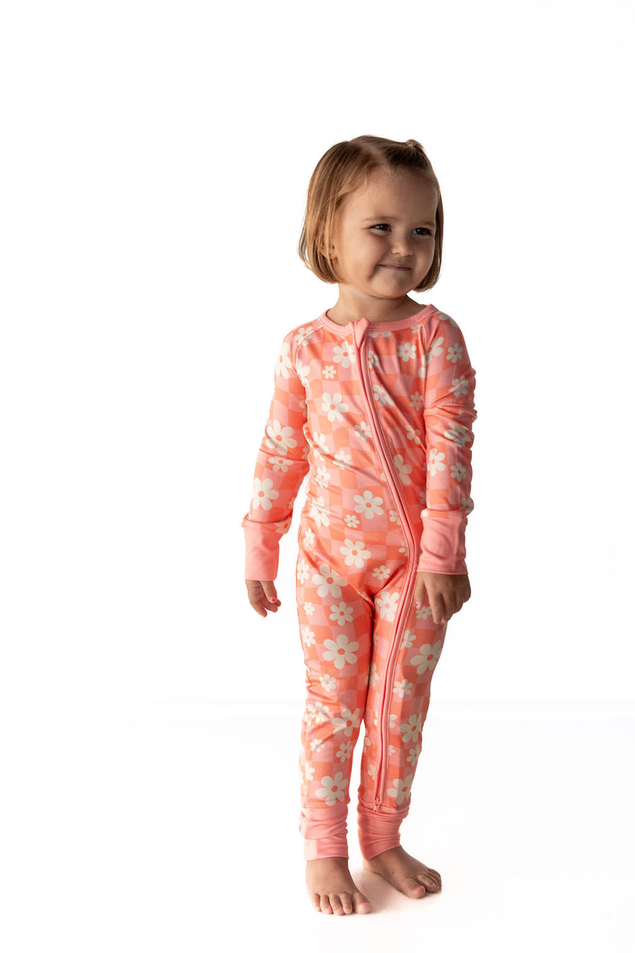 BRIGHT CORAL + PINK DAISY CHECKER | ZIPPER ONE PIECE
