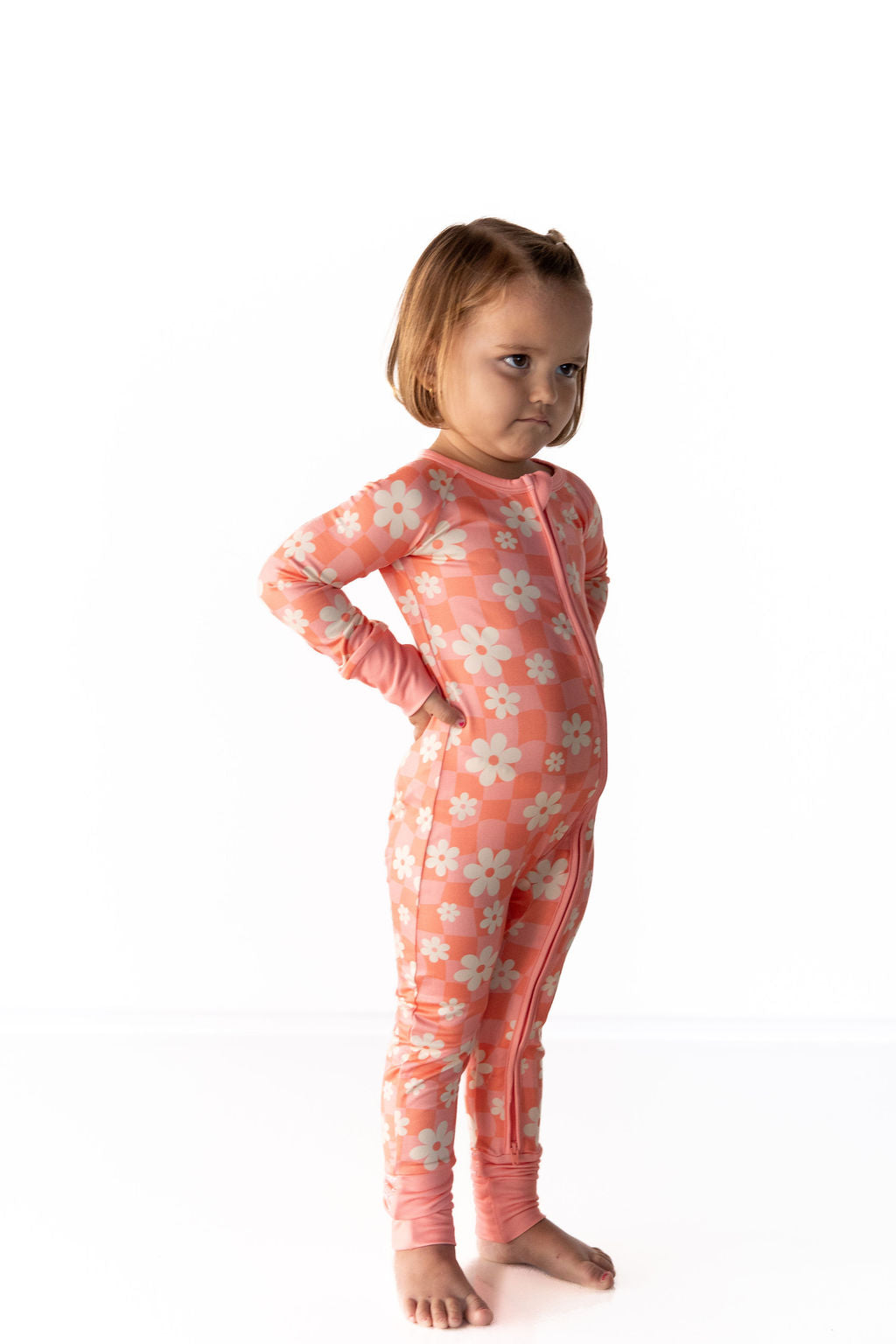 BRIGHT CORAL + PINK DAISY CHECKER | ZIPPER ONE PIECE