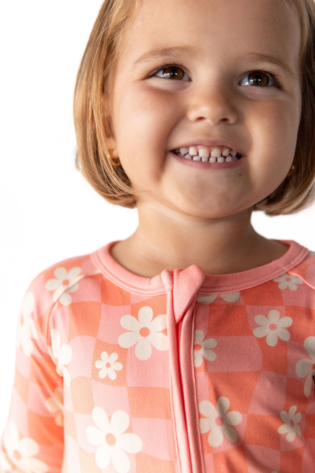 BRIGHT CORAL + PINK DAISY CHECKER | ZIPPER ONE PIECE