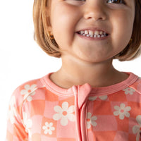 BRIGHT CORAL + PINK DAISY CHECKER | ZIPPER ONE PIECE