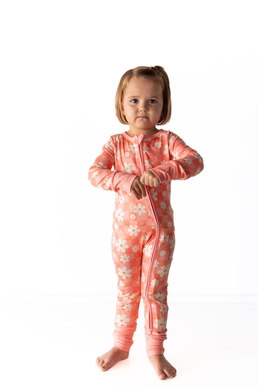BRIGHT CORAL + PINK DAISY CHECKER | ZIPPER ONE PIECE