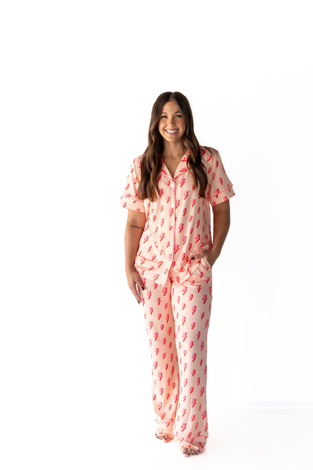 PINK LIGHTNING BOLTS | WOMEN'S BUTTON UP SHORT SLEEVE SET