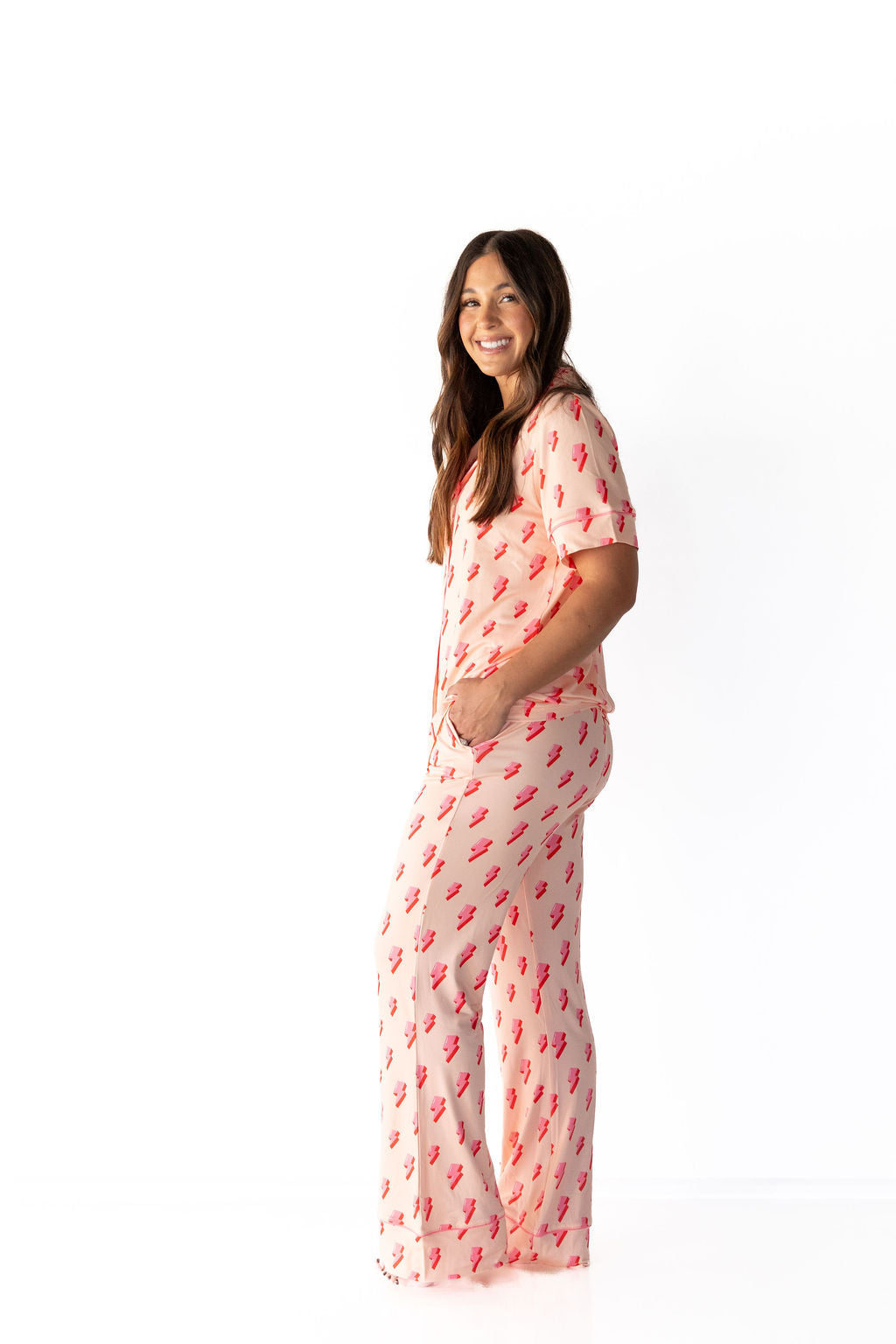 PINK LIGHTNING BOLTS | WOMEN'S BUTTON UP SHORT SLEEVE SET