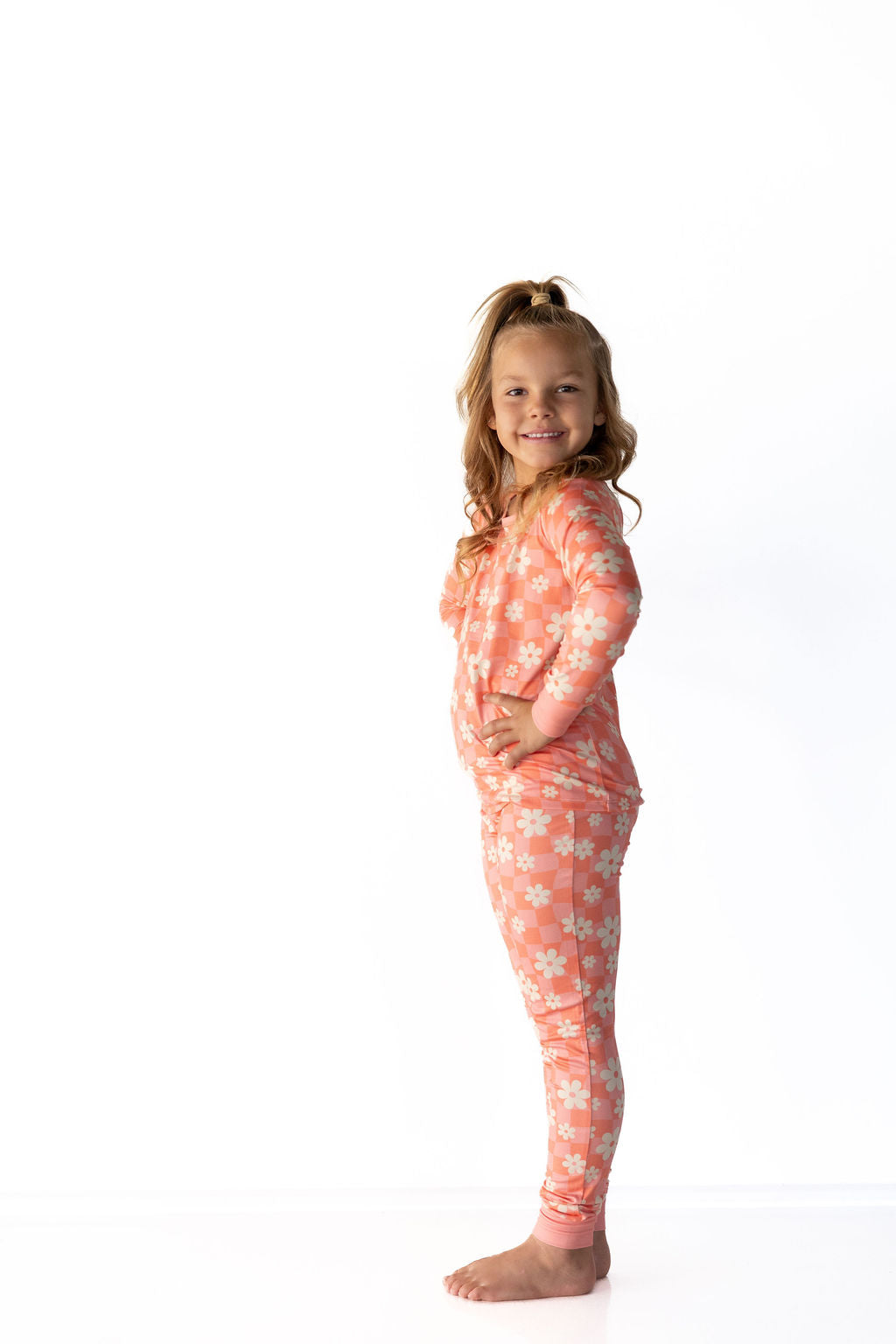 BRIGHT CORAL + PINK DAISY CHECKER | LONG SLEEVE