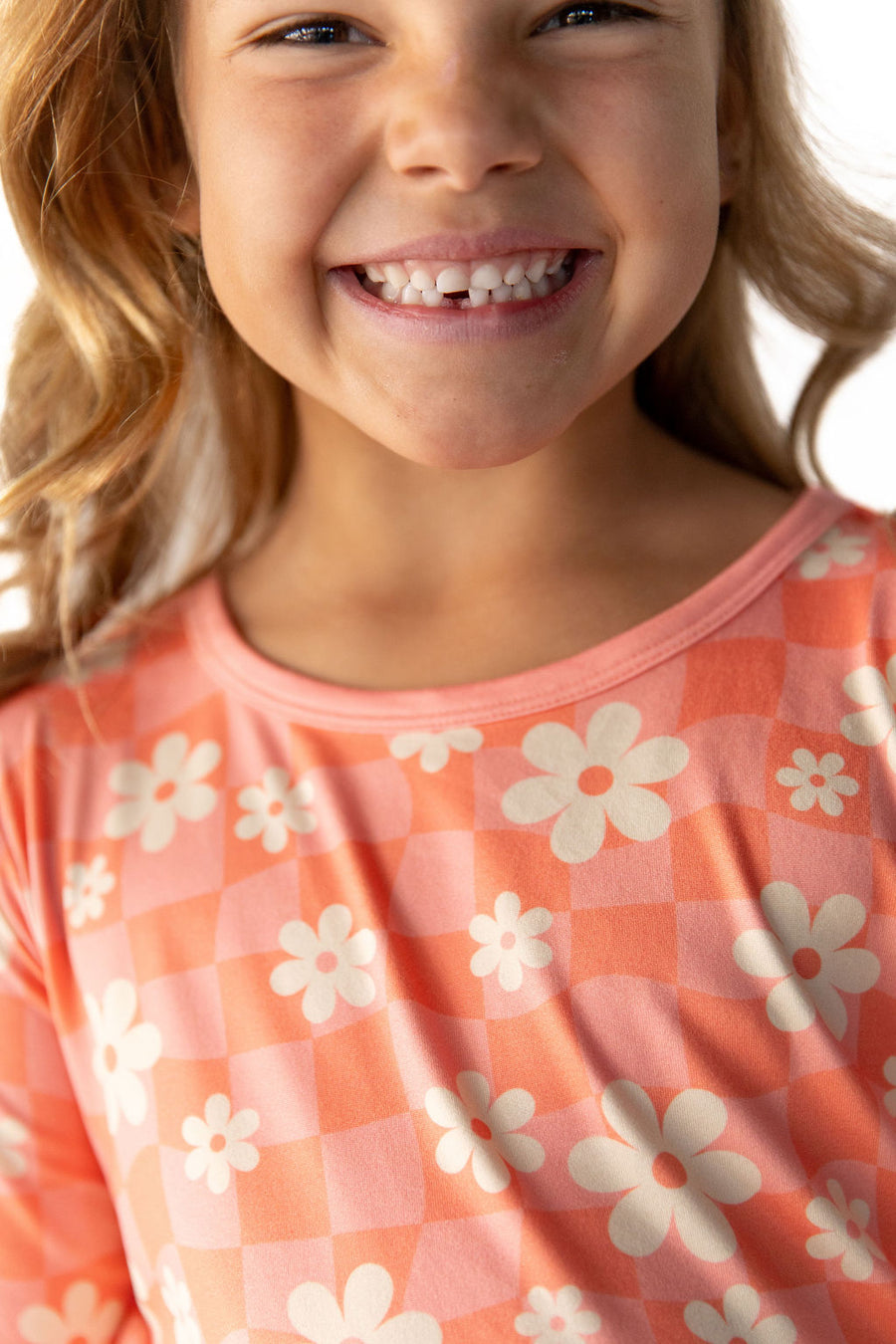 BRIGHT CORAL + PINK DAISY CHECKER | LONG SLEEVE