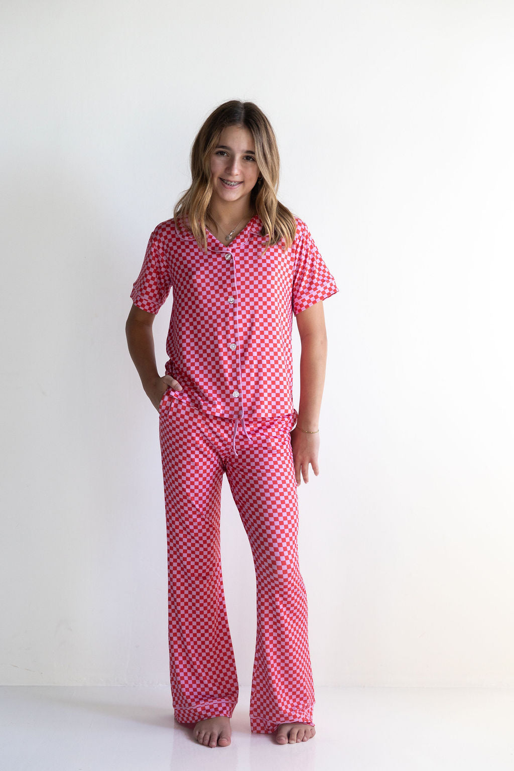 PINK + RED MINI CHECKER | GIRLS' BUTTON UP SHORT SLEEVE SET