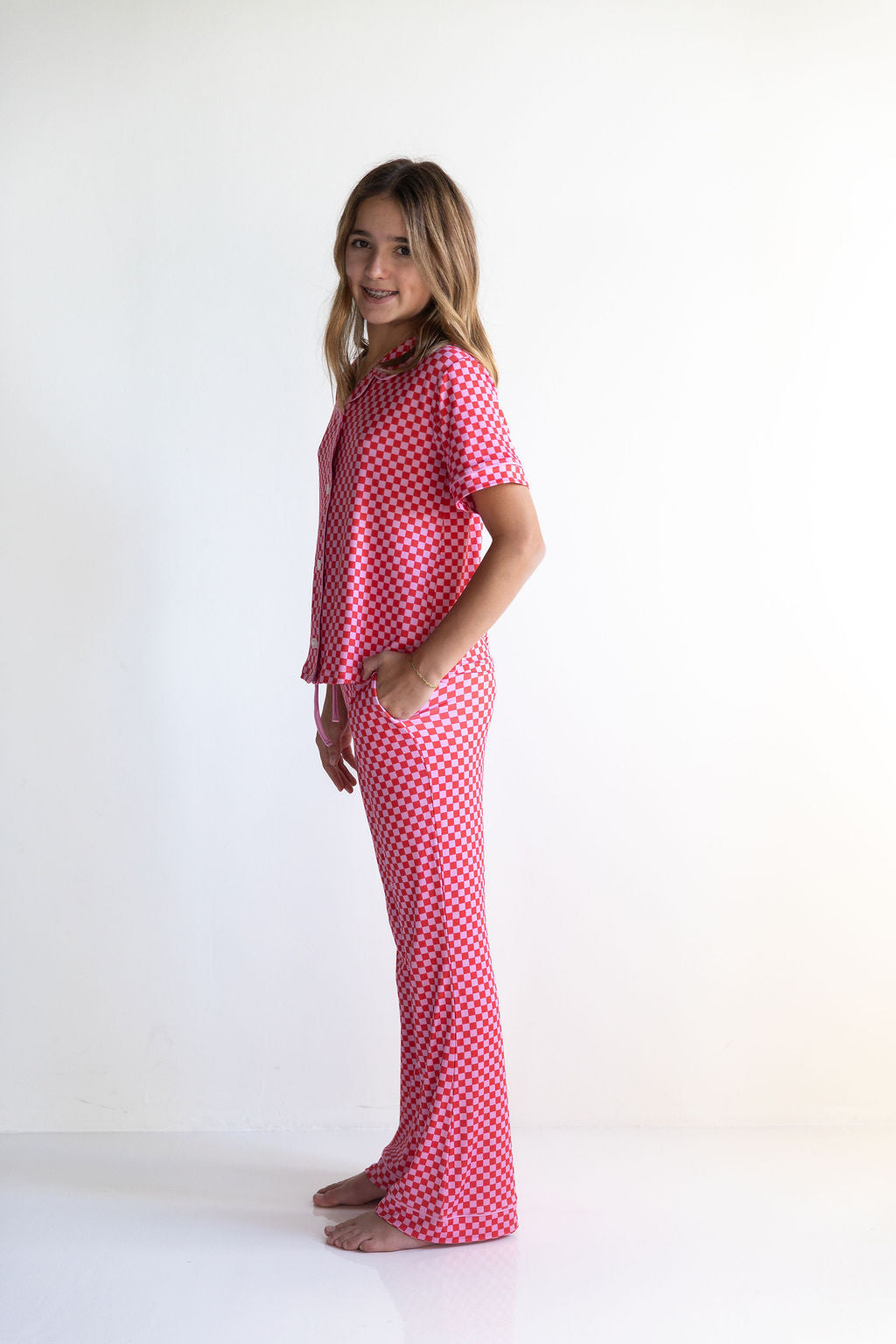 PINK + RED MINI CHECKER | GIRLS' BUTTON UP SHORT SLEEVE SET