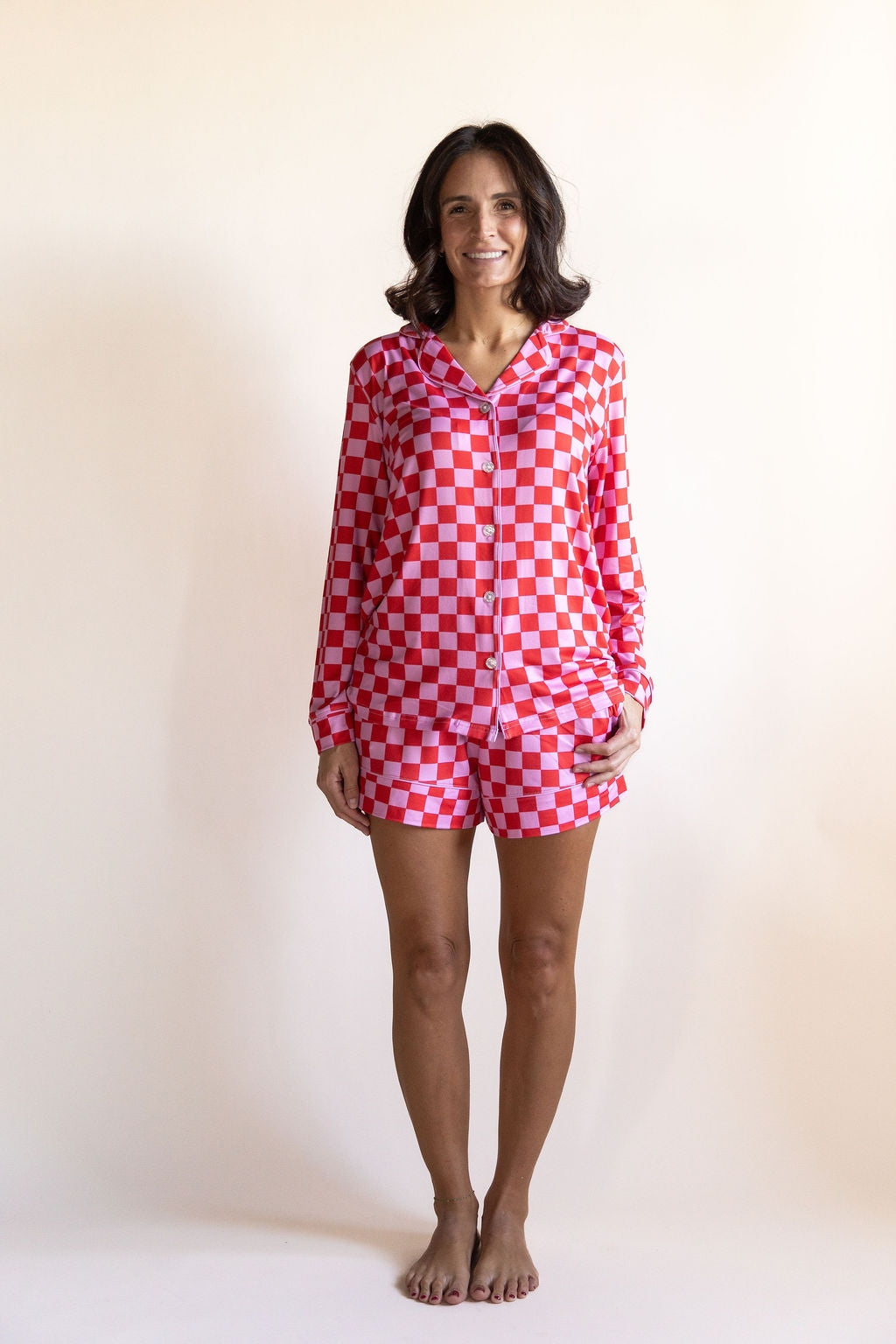 PINK + RED CHECKER | WOMEN'S LONG SLEEVE SHORTS SET