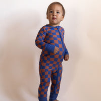 BROWN + ROYAL BLUE WAVY CHECKER | ZIPPER ONE PIECE