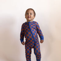 BROWN + ROYAL BLUE WAVY CHECKER | ZIPPER ONE PIECE