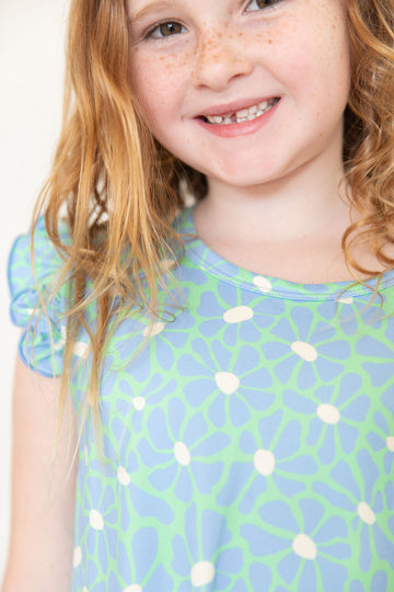 BRIGHT GREEN + BLUE FLORAL | SLEEVE DRESS