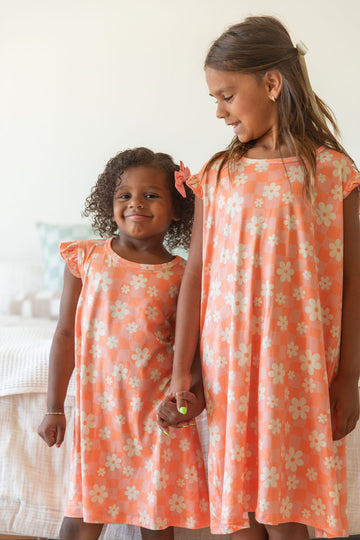 BRIGHT CORAL + PINK DAISY CHECKER | SLEEVE DRESS