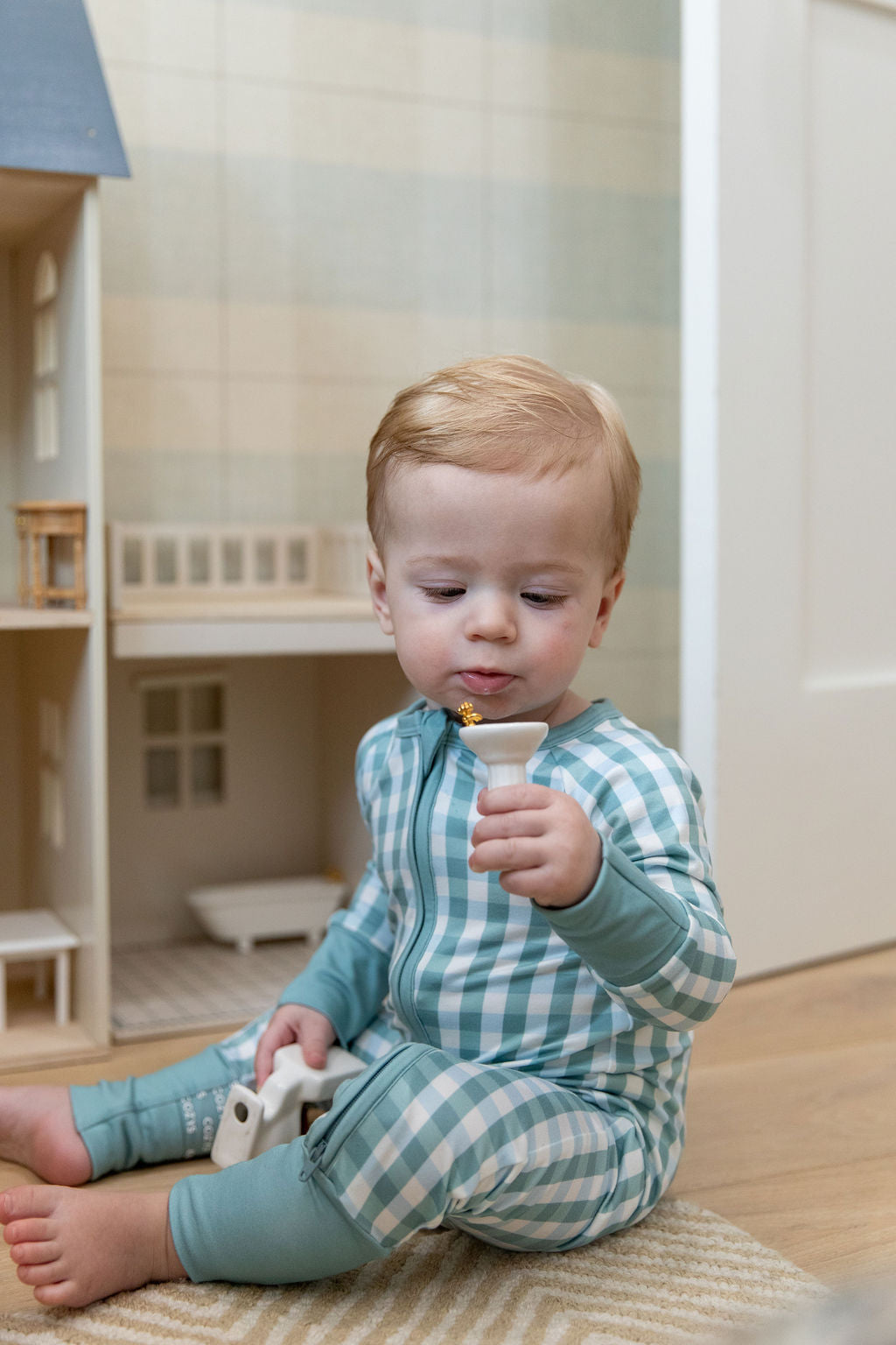 MUTED TEAL GINGHAM | ZIPPER ONE PIECE