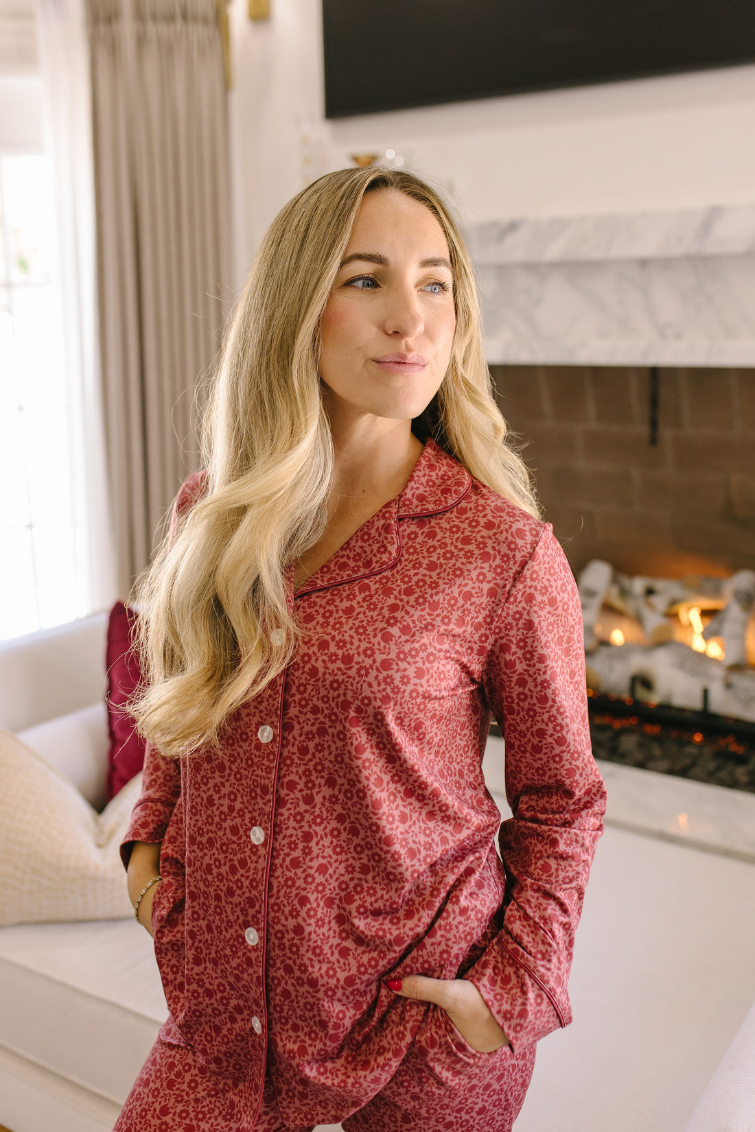 BURGUNDY MINI FLORAL | WOMEN'S BUTTON UP LONG SLEEVE SET