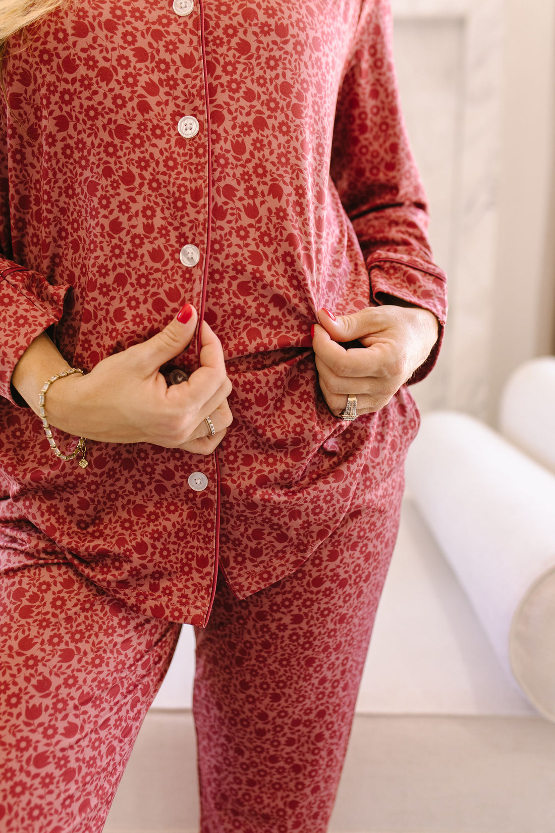 BURGUNDY MINI FLORAL | WOMEN'S BUTTON UP LONG SLEEVE SET