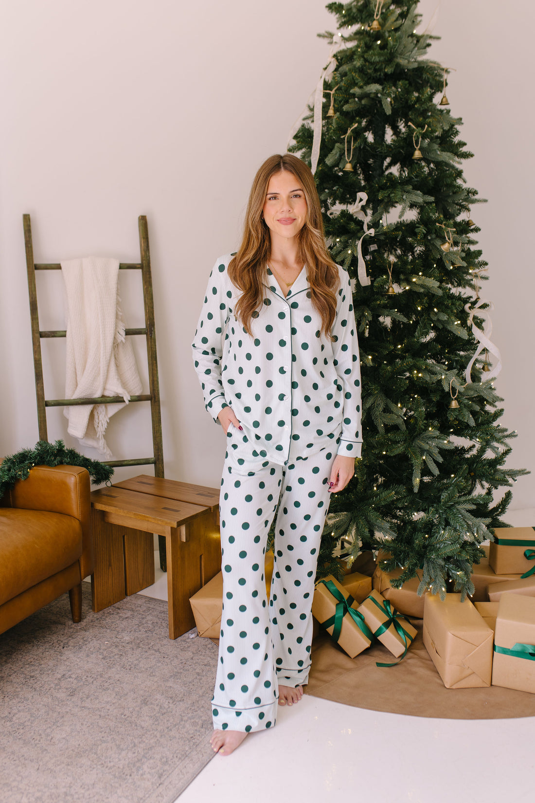 GREEN POLKADOT + STRIPE | WOMEN'S BUTTON UP LONG SLEEVE SET