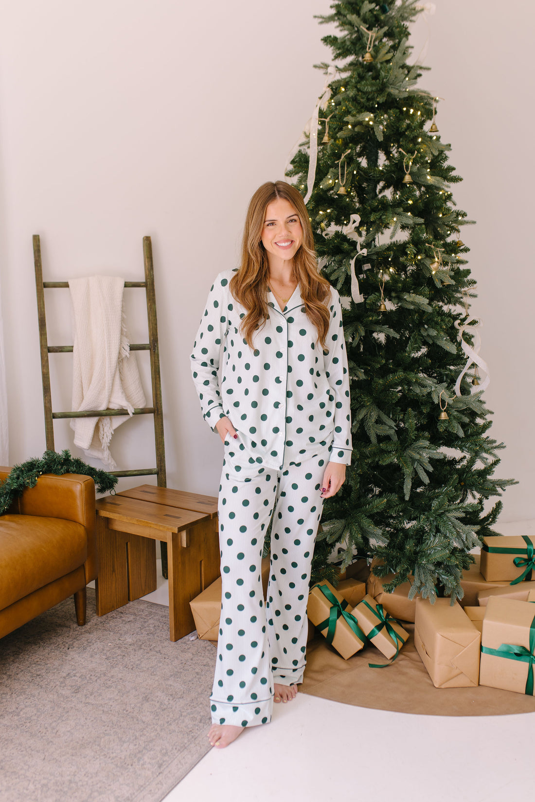 GREEN POLKADOT + STRIPE | WOMEN'S BUTTON UP LONG SLEEVE SET