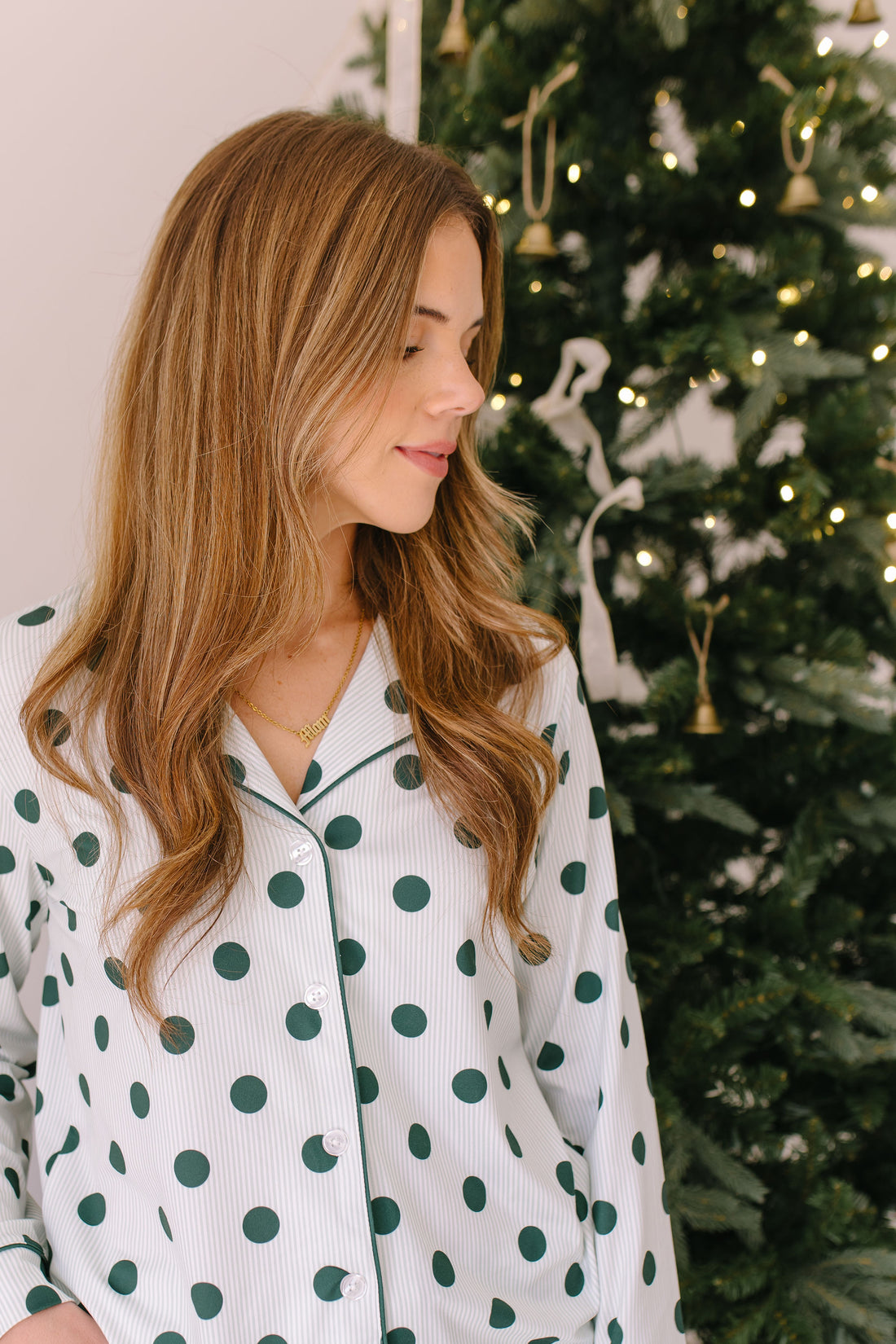 GREEN POLKADOT + STRIPE | WOMEN'S BUTTON UP LONG SLEEVE SET