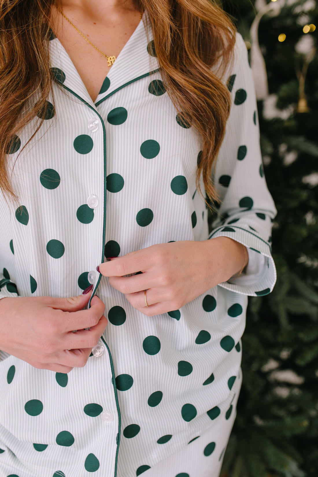 GREEN POLKADOT + STRIPE | WOMEN'S BUTTON UP LONG SLEEVE SET