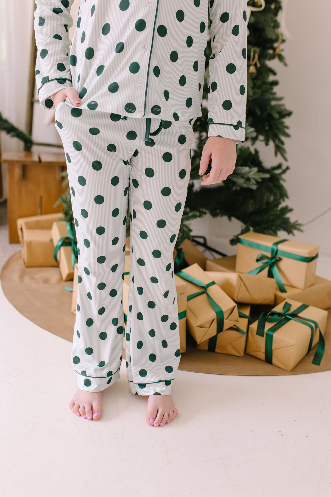 GREEN POLKADOT + STRIPE | GIRLS' BUTTON UP LONG SLEEVE SET