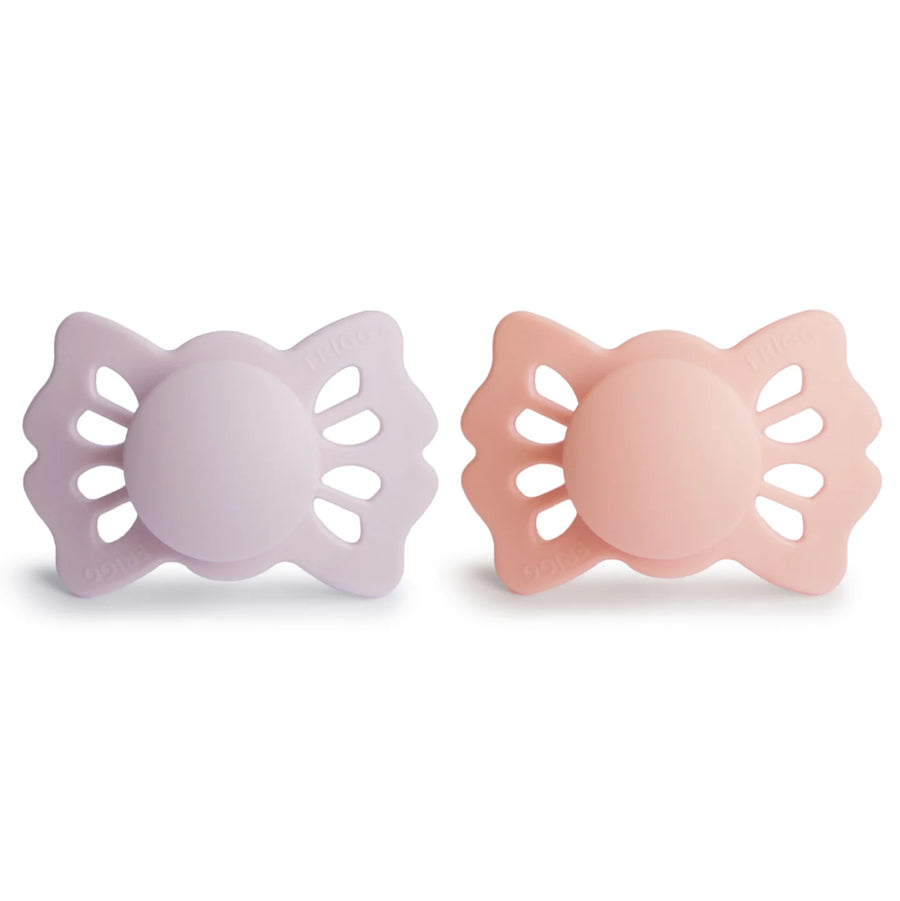 FRIGG LUCKY SYMMETRICAL SILICONE BABY PACIFIER | SOFT LILAC/PRETTY IN PEACH | 2-PACK